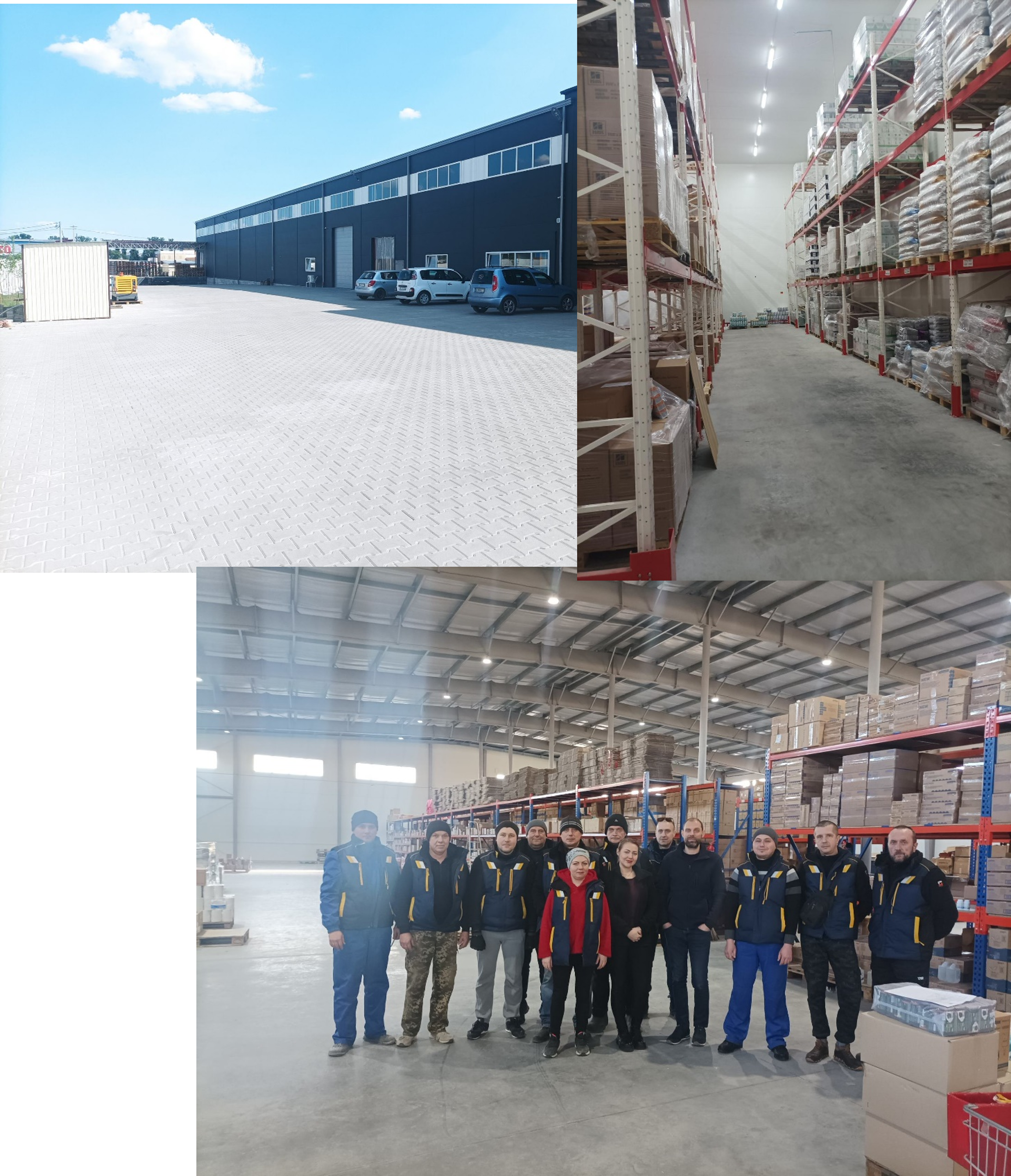 Warehouse exterior, storage racks and logistics team